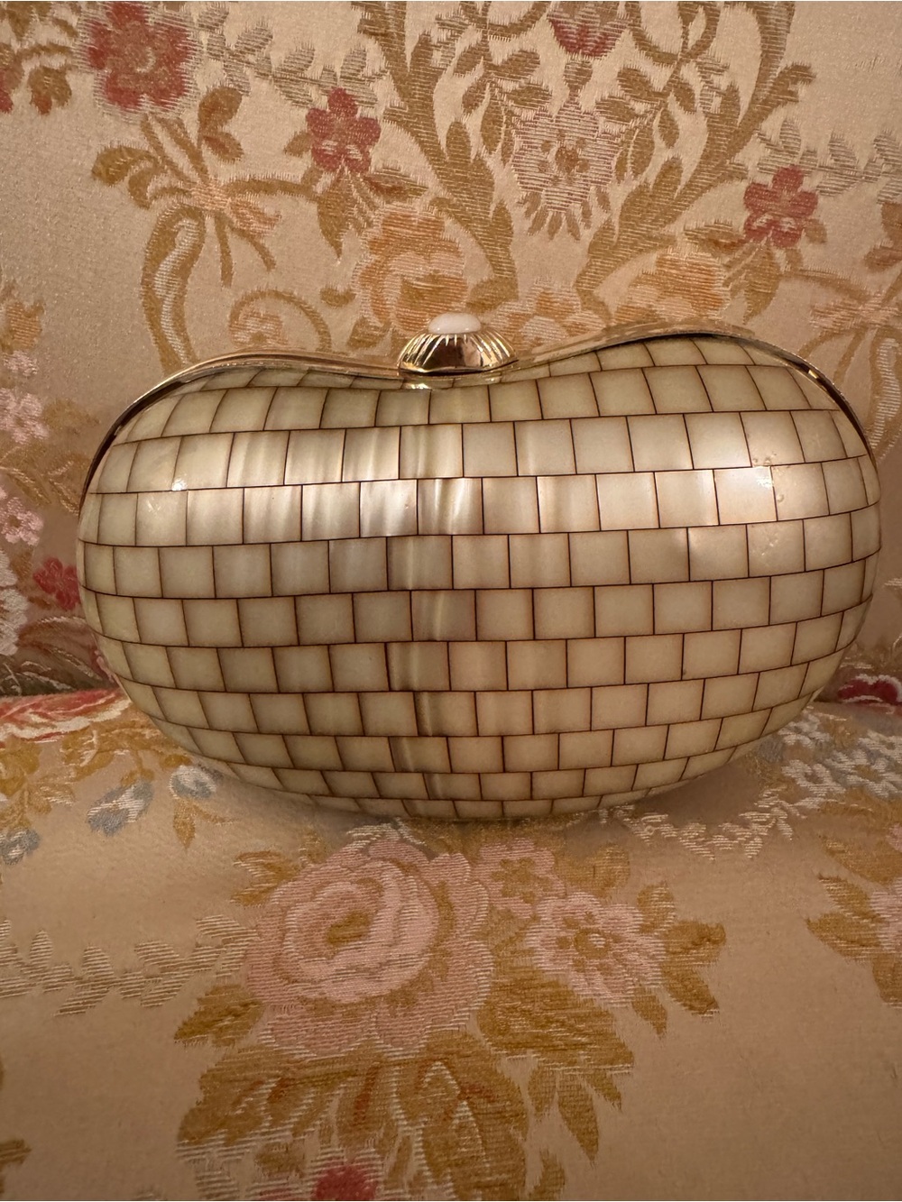 Vintage Mother Of Pearl Lucite Clutch Bag Evening Purse Gold Ivory - Picture 12 of 16